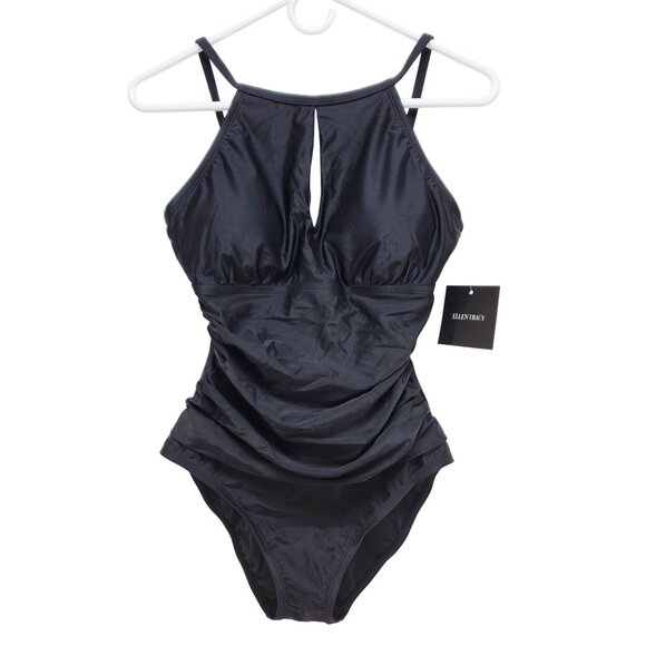Ellen Tracy Ruched One-Piece Swimsuit  Keyhole Design Halter Neck Size 10 Black - Picture 1 of 6